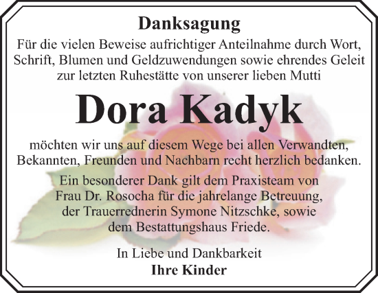 Traueranzeige von Dora Kadyk von Trauerkombi Dessau