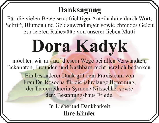 Traueranzeige von Dora Kadyk von Trauerkombi Dessau