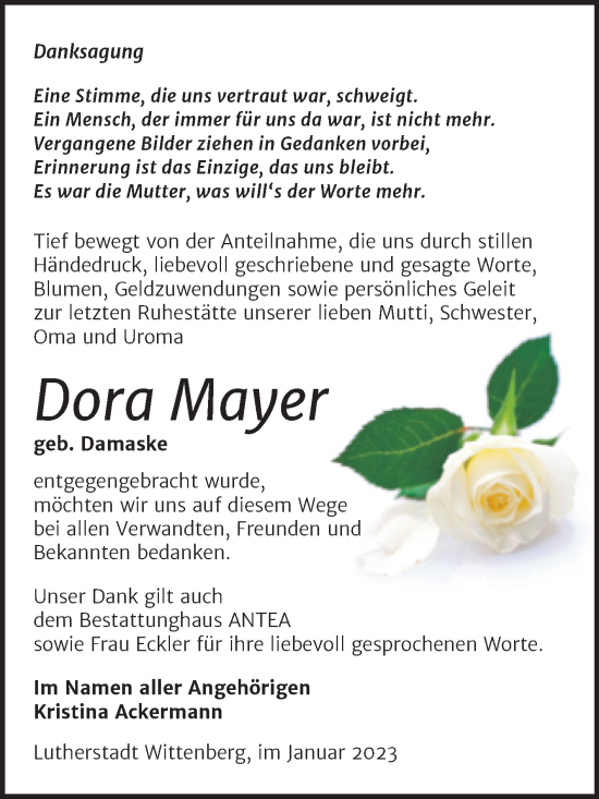 Traueranzeige von Dora Mayer von Trauerkombi Wittenberg