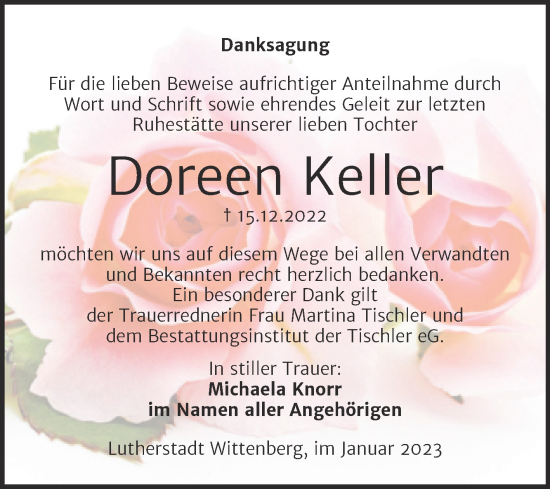 Traueranzeige von Doreen Keller von Trauerkombi Wittenberg