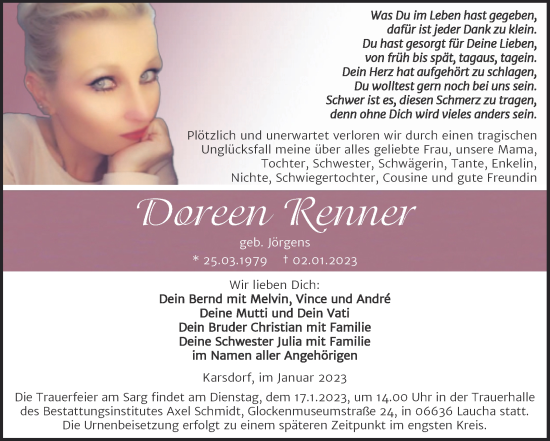 Traueranzeige von Doreen Renner von Naumburger Tageblatt