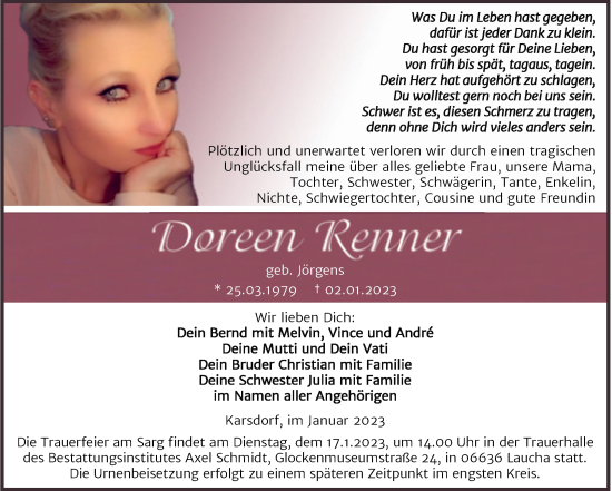 Traueranzeige von Doreen Renner von Trauerkombi Merseburg