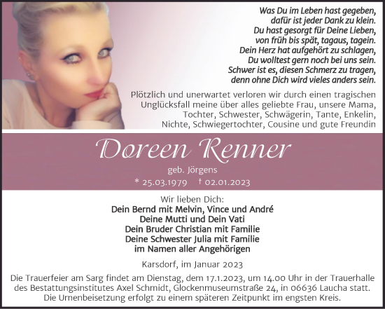 Traueranzeige von Doreen Renner von Super Sonntag Naumburg/Nebra