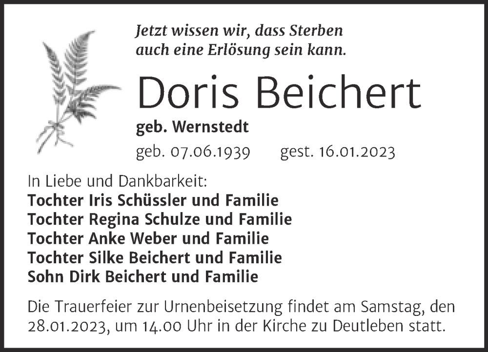  Traueranzeige für Doris Beichert vom 21.01.2023 aus Mitteldeutsche Zeitung Halle/Saalkreis