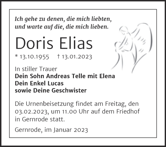 Traueranzeige von Doris Elias von Trauerkombi Quedlinburg