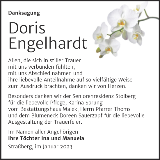 Traueranzeige von Doris Engelhardt von Trauerkombi Quedlinburg
