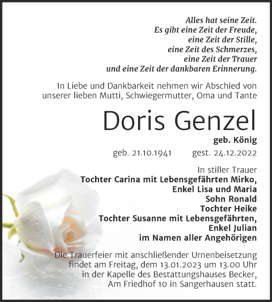 Traueranzeige von Doris Genzel von Trauerkombi Sangerhausen