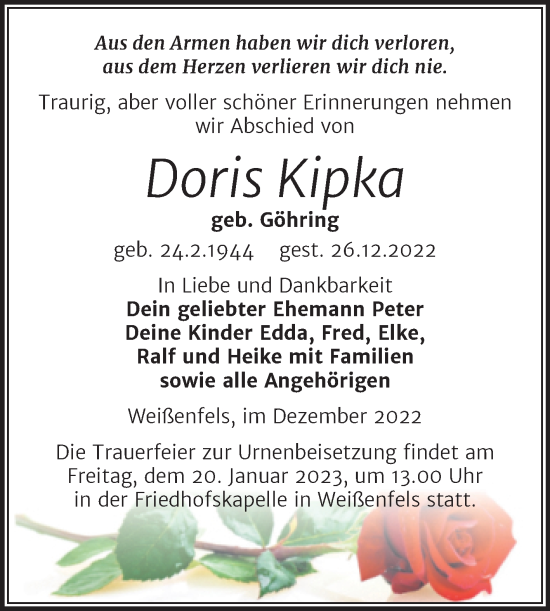 Traueranzeige von Doris Kipka von Trauerkombi Weißenfels