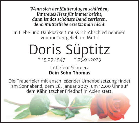 Traueranzeige von Doris Süptitz von Trauerkombi Wittenberg