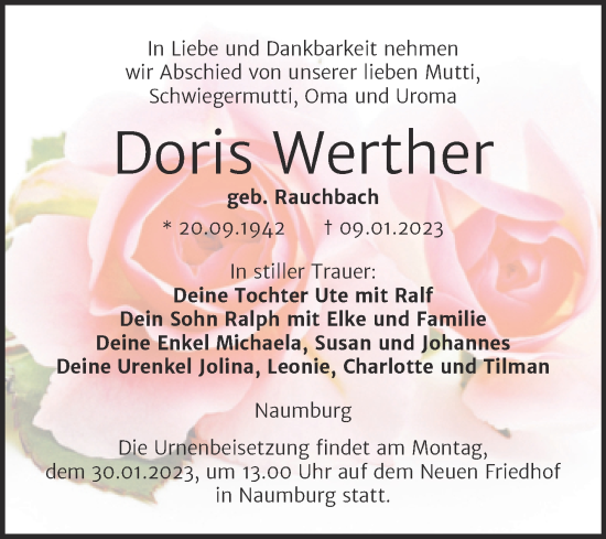 Traueranzeige von Doris Werther von Wochenspiegel Naumburg/Nebra