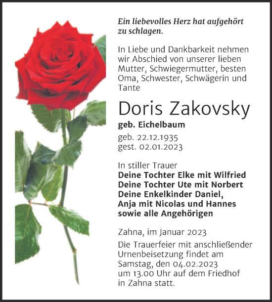 Traueranzeige von Doris Zakovsky von Trauerkombi Wittenberg