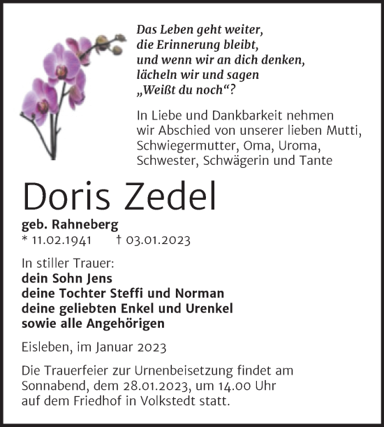 Traueranzeige von Doris Zedel von Trauerkombi Mansfelder Land
