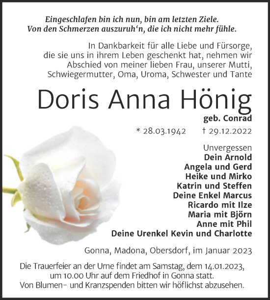 Traueranzeige von Doris Anna Hönig von Trauerkombi Sangerhausen