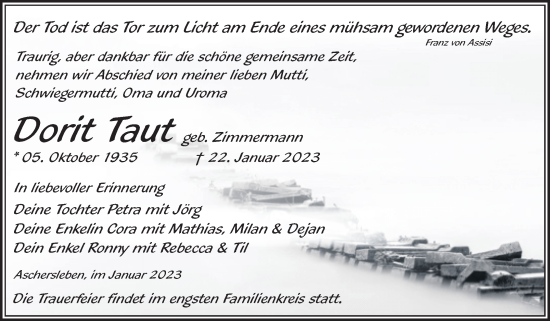 Traueranzeige von Dorit Taut von Trauerkombi Aschersleben