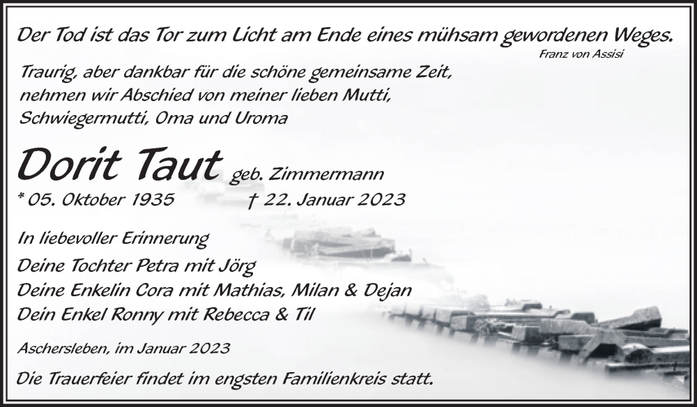  Traueranzeige für Dorit Taut vom 28.01.2023 aus Trauerkombi Aschersleben