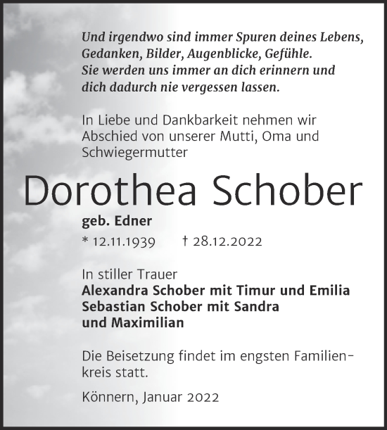 Traueranzeige von Dorothea Schober von Trauerkombi Bernburg