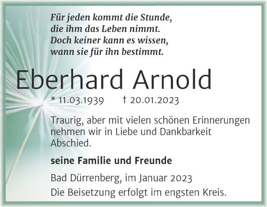 Traueranzeige von Eberhard Arnold von Trauerkombi Merseburg