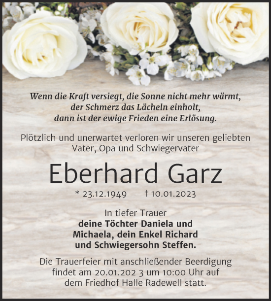 Traueranzeige von Eberhard Garz von Mitteldeutsche Zeitung Halle/Saalkreis