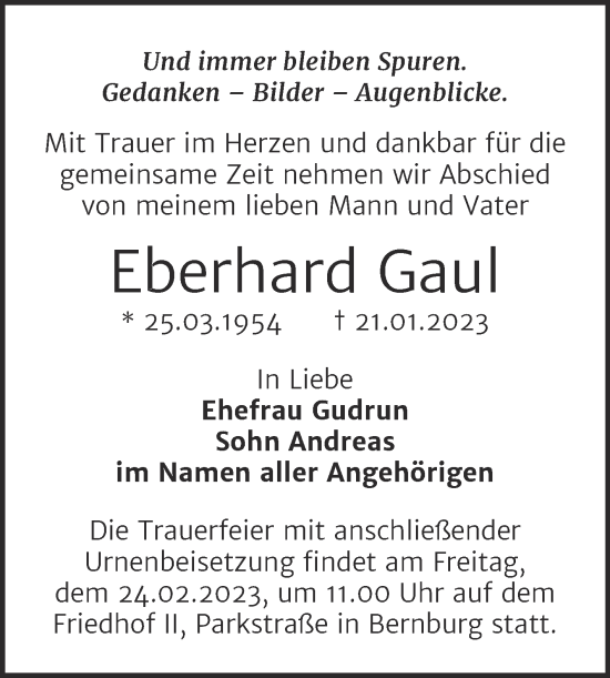 Traueranzeige von Eberhard Gaul von Trauerkombi Bernburg