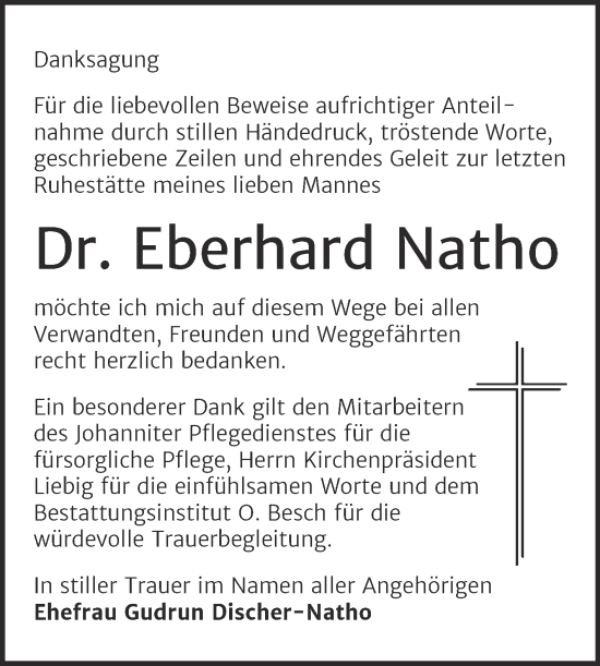 Traueranzeige von Eberhard Natho von Trauerkombi Dessau