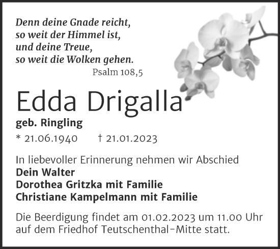 Traueranzeige von Edda Drigalla von Mitteldeutsche Zeitung Halle/Saalkreis