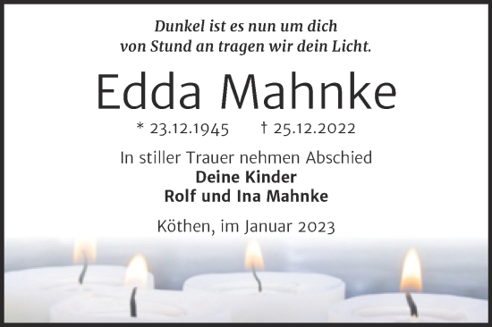 Traueranzeige von Edda Mahnke von Wochenspiegel Köthen