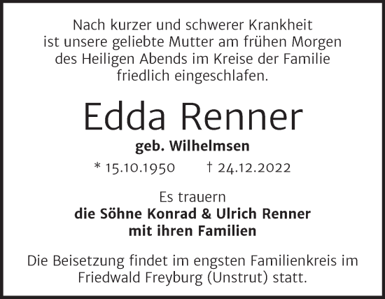 Traueranzeige von Edda Renner von Mitteldeutsche Zeitung Halle/Saalkreis