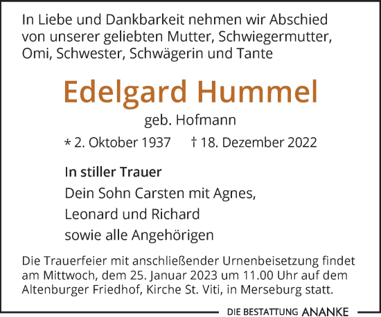 Traueranzeige von Edelgard Hummel von Trauerkombi Merseburg