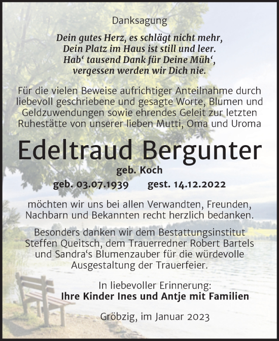 Traueranzeige von Edeltraud Bergunter von Trauerkombi Köthen