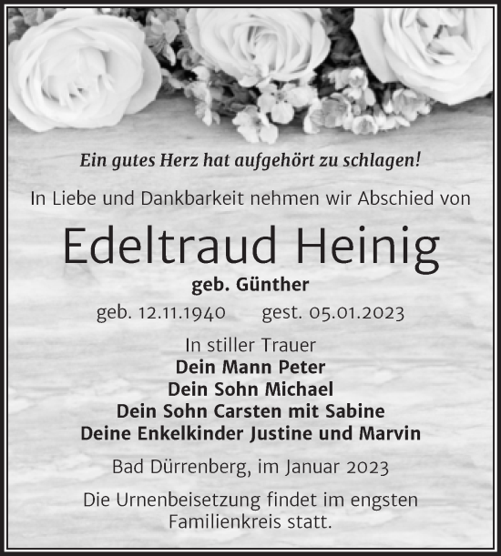 Traueranzeige von Edeltraud Heinig von Trauerkombi Merseburg