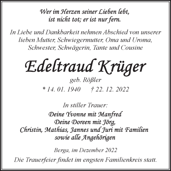Traueranzeige von Edeltraud Krüger von Trauerkombi Sangerhausen