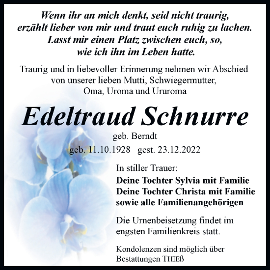Traueranzeige von Edeltraud Schnurre von Trauerkombi Quedlinburg