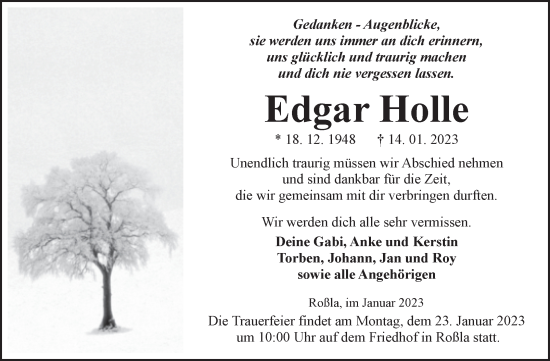 Traueranzeige von Edgar Holle von Trauerkombi Sangerhausen