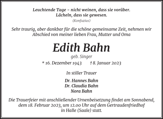 Traueranzeige von Edith Bahn von Mitteldeutsche Zeitung Halle/Saalkreis