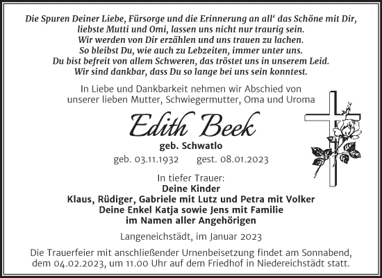 Traueranzeige von Edith Beek von Trauerkombi Merseburg