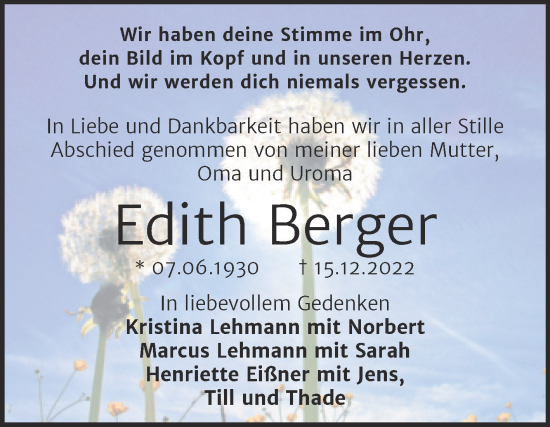 Traueranzeige von Edith Berger von Trauerkombi Wittenberg