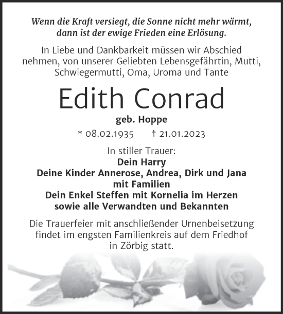Traueranzeige von Edith Conrad von Trauerkombi Bitterfeld