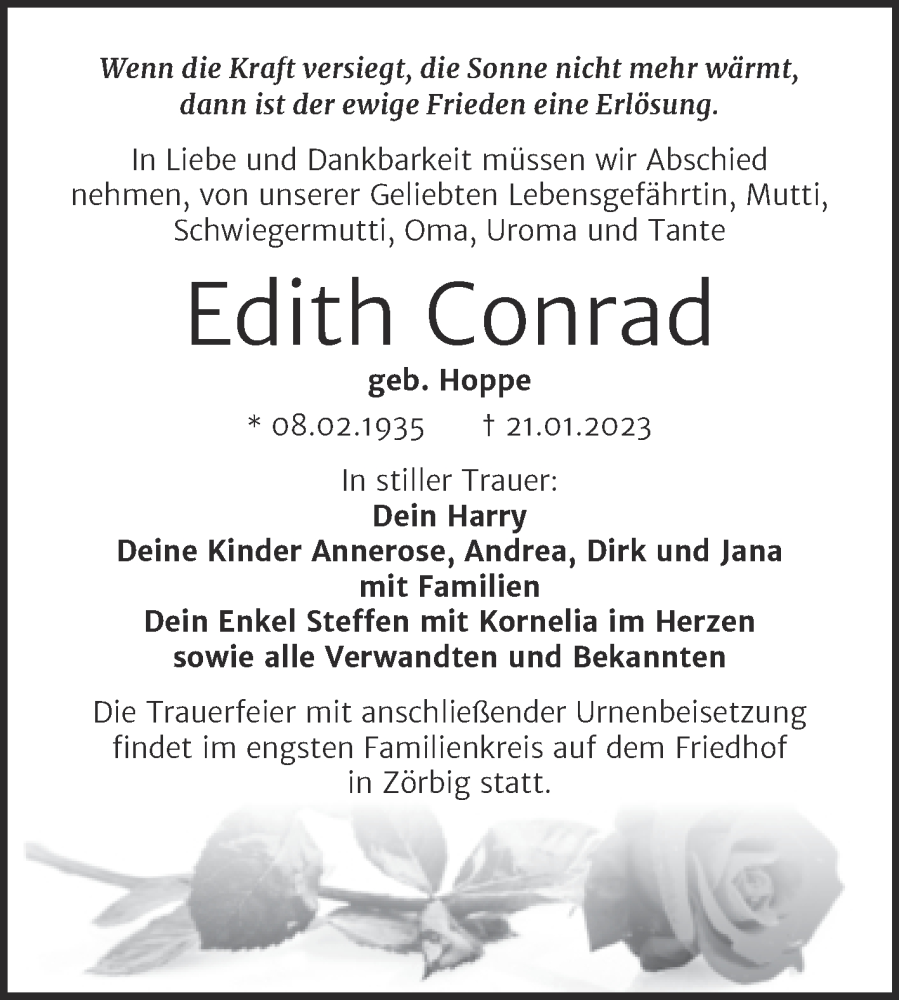  Traueranzeige für Edith Conrad vom 28.01.2023 aus Trauerkombi Bitterfeld