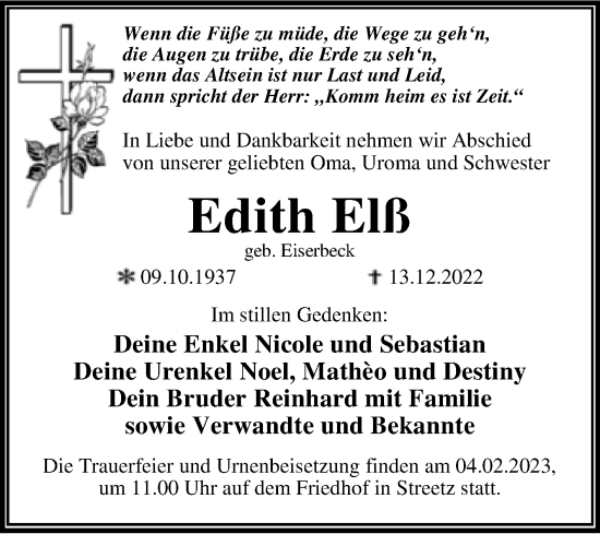 Traueranzeige von Edith Elß von Trauerkombi Dessau