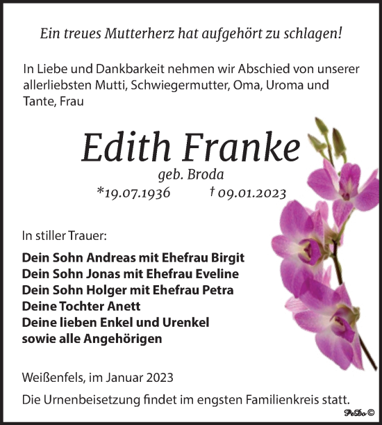 Traueranzeige von Edith Franke von Trauerkombi Weißenfels