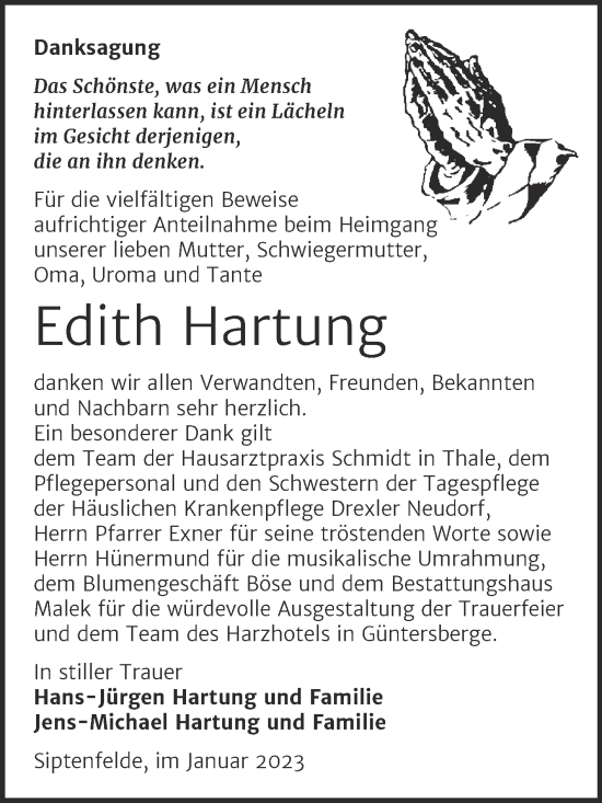 Traueranzeige von Edith Hartung von Trauerkombi Quedlinburg