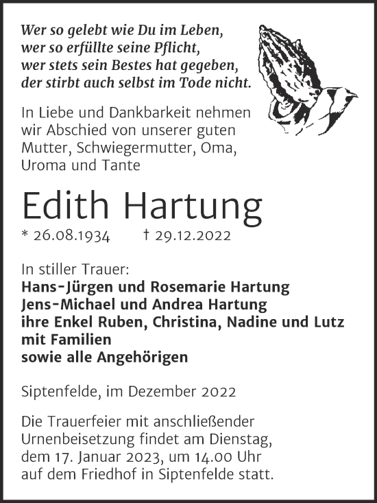 Traueranzeige von Edith Hartung von Trauerkombi Quedlinburg