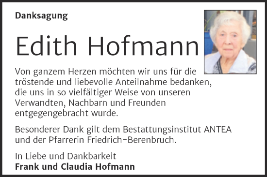 Traueranzeige von Edith Hofmann von Trauerkombi Dessau