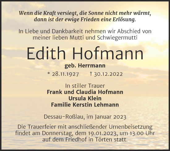 Traueranzeige von Edith Hofmann von Trauerkombi Dessau