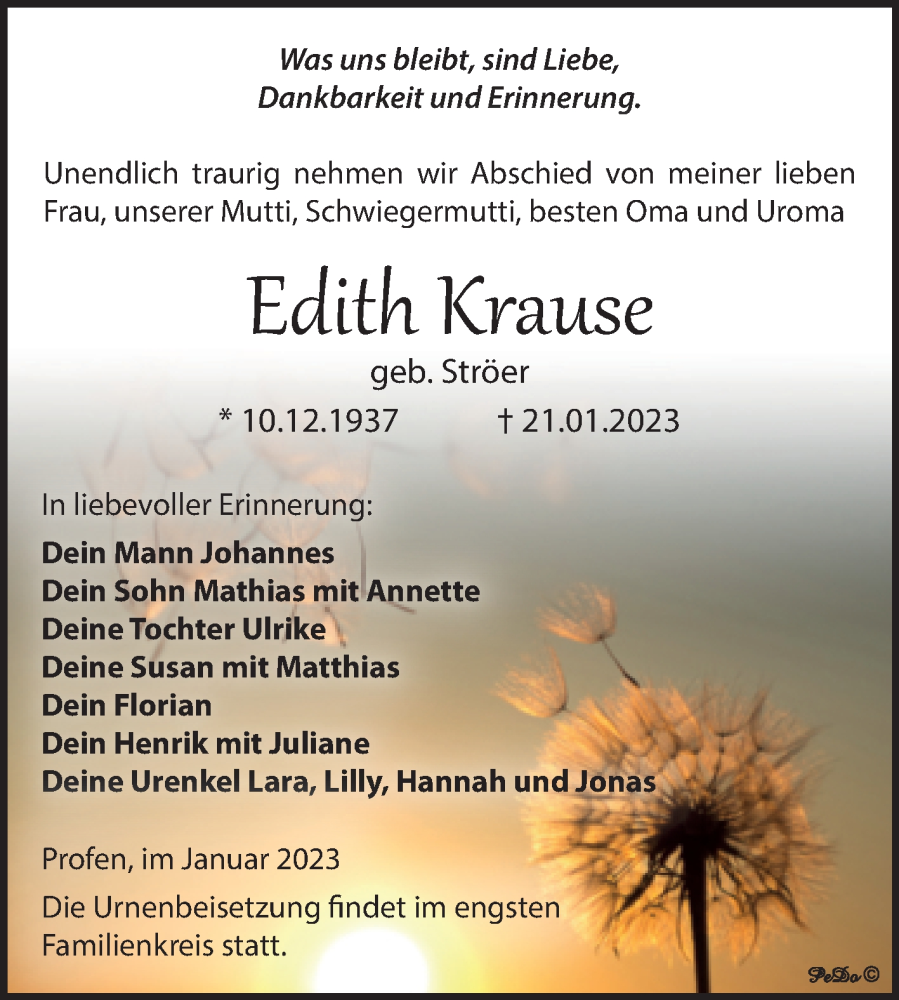  Traueranzeige für Edith Krause vom 28.01.2023 aus Trauerkombi Zeitz