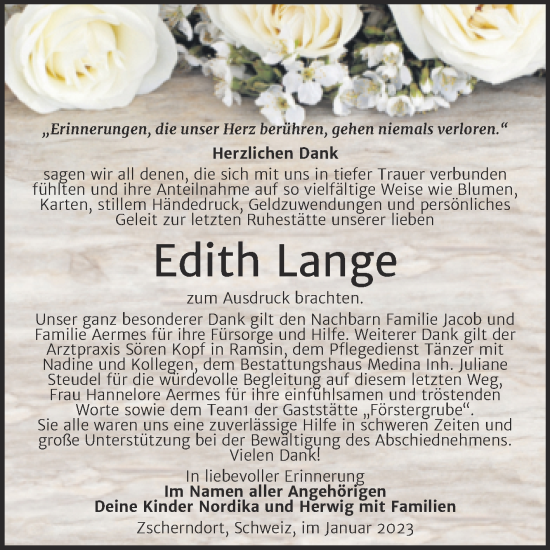 Traueranzeige von Edith Lange von Trauerkombi Bitterfeld