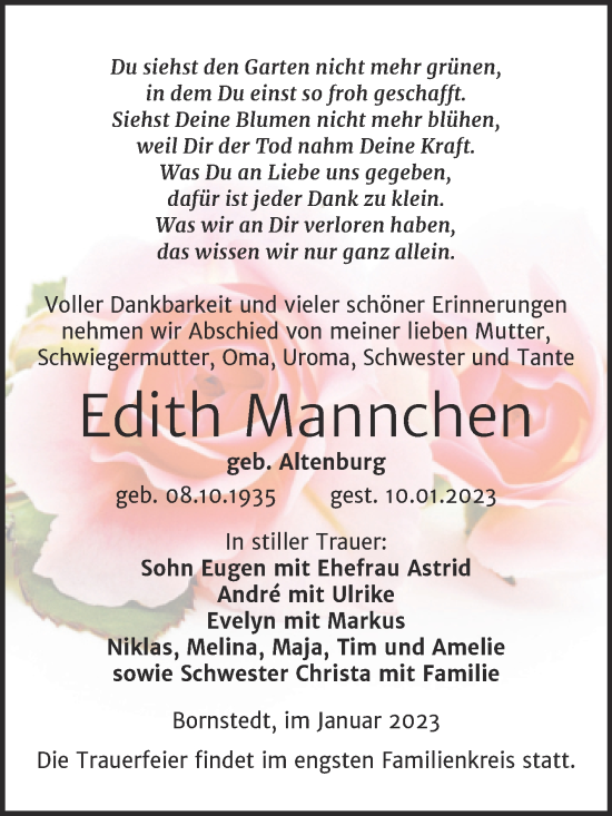 Traueranzeige von Edith Mannchen von Trauerkombi Mansfelder Land