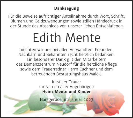 Traueranzeige von Edith Mente von Trauerkombi Quedlinburg