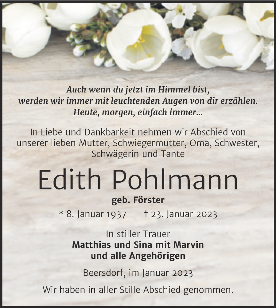  Traueranzeige für Edith Pohlmann vom 28.01.2023 aus Trauerkombi Zeitz