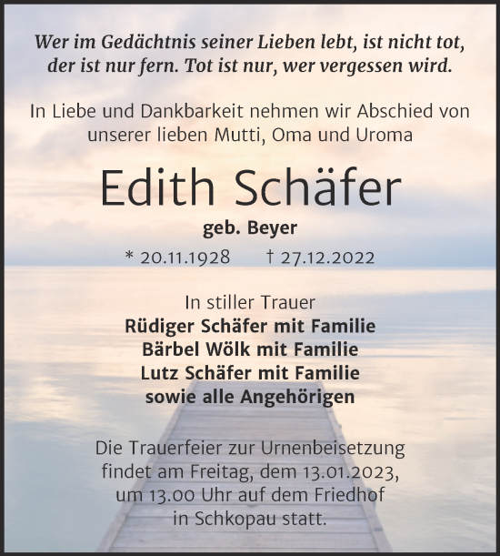 Traueranzeige von Edith Schäfer von Trauerkombi Merseburg